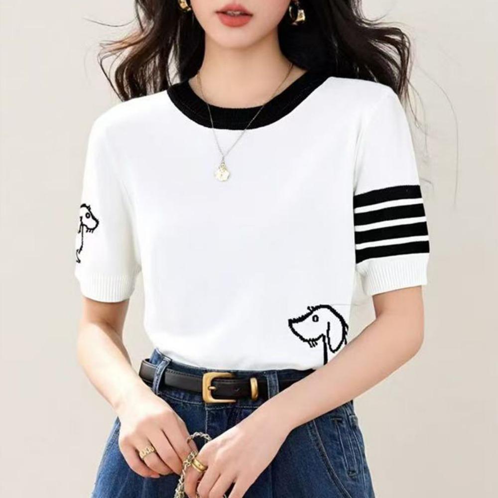 

Summer wool women s round neck short sleeved pullover sweater soft breathable high-quality sweater fashionable solid color top S