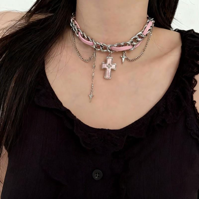 Y2K Gothic Chic Cross Pendant Tassel Choker Necklace Women Alloy Locket Chain Sweet Punk Style