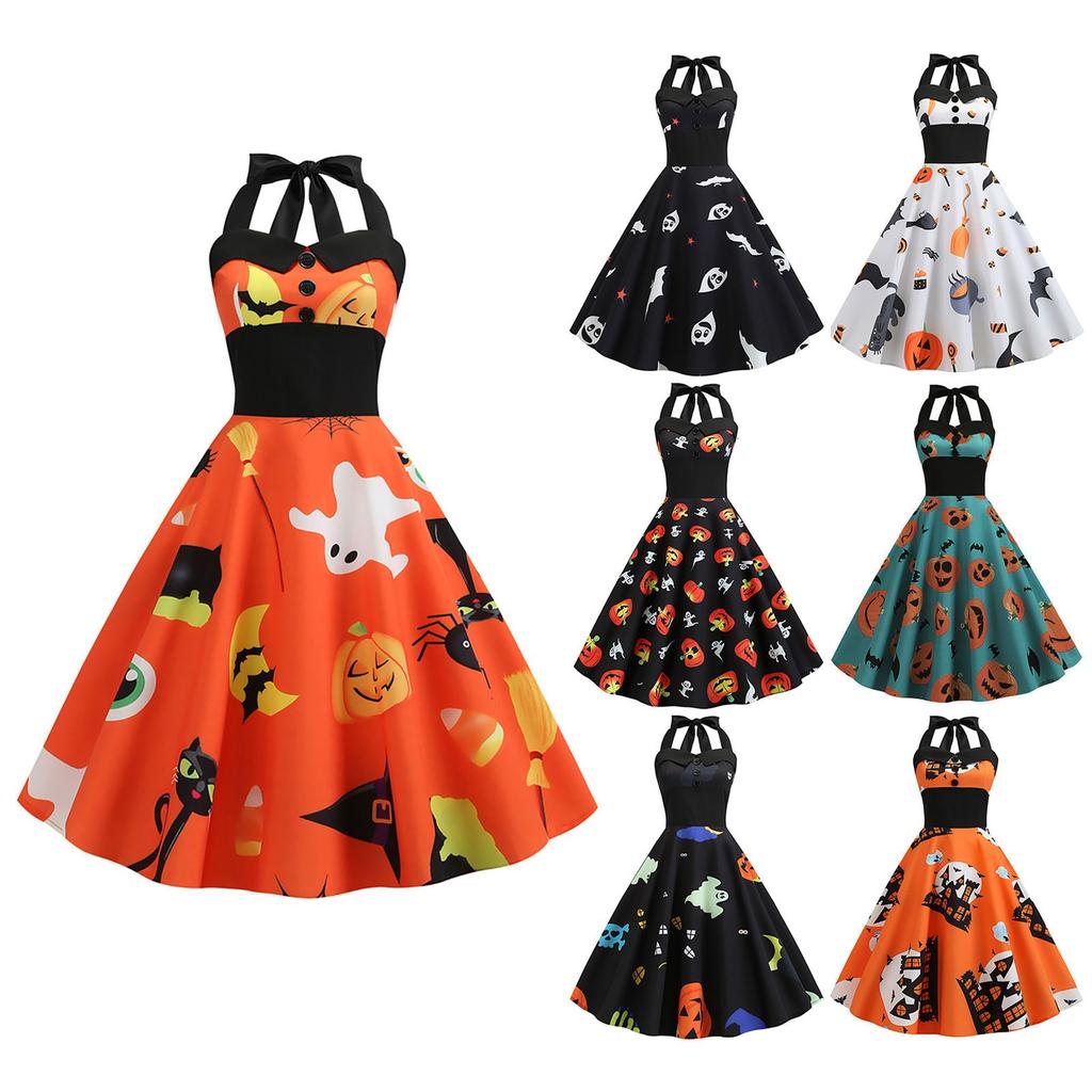 Women Casual Fashion Sleeveless V-neck Button Printed Halloween Dress