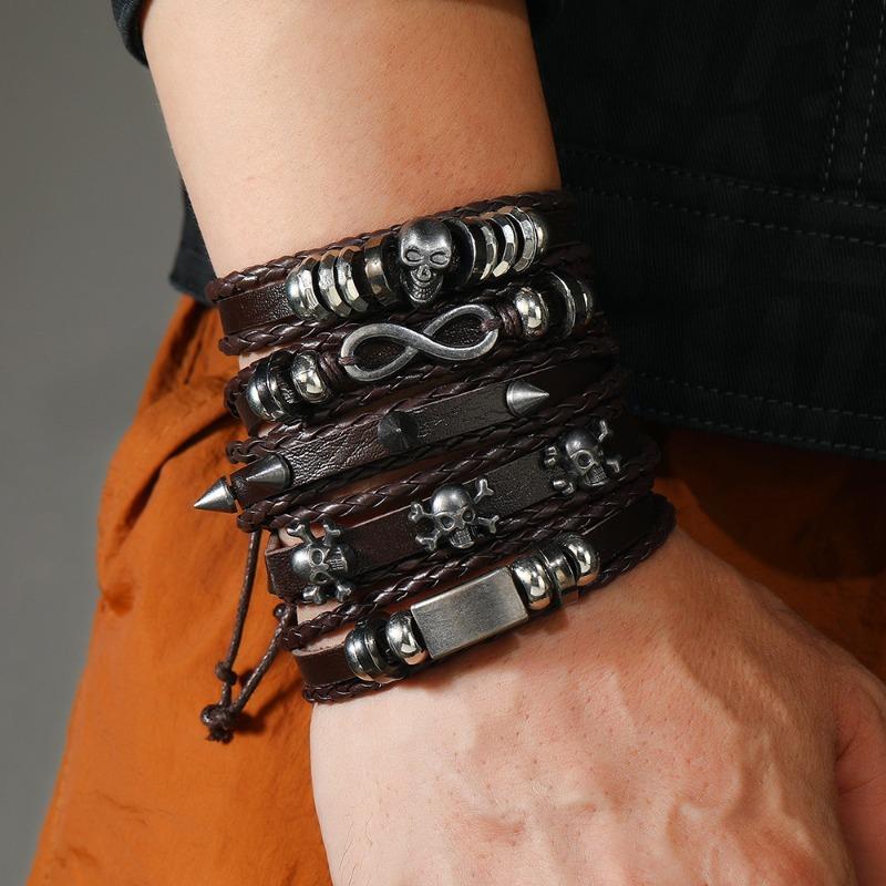 Hot Sale Skull 8 Alloy Accessories Five-piece Cowhide Bracelet, Jewelry