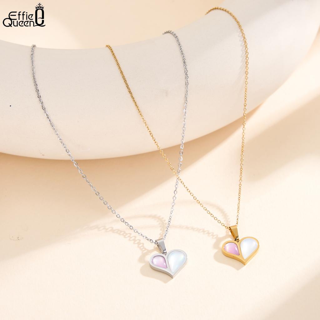 EFFIE QUEEN Stainless Steel 18k Gold Water Drop Shell Heart Pendant Necklace Romantic Jewelry for Women Valentine's Gift STMN10