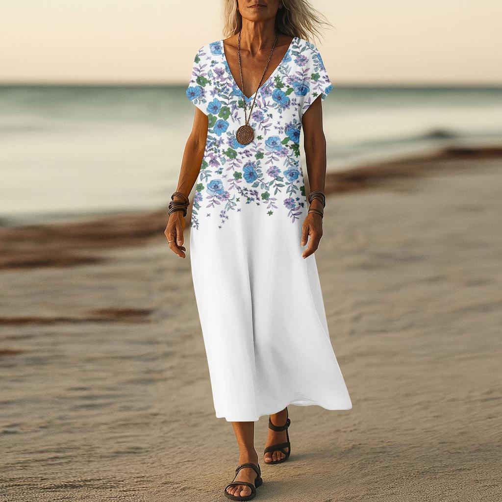 Summer Dress Women's Long Boho Beach Dress Elegant Maxi Dress V-Neck Short Sleeve Summer Tunic Dress Light Airy