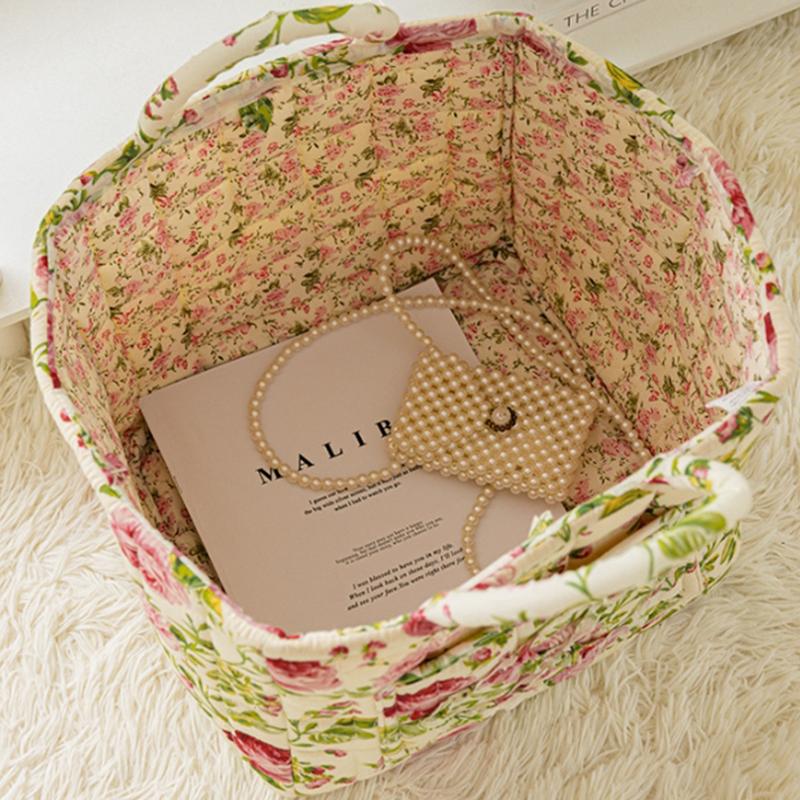 Floral Large Capacity Fabric Laundry Hamper with Easy Carry Handles Rural Pastoral Style Clothing Storage Baskets Home Organizer