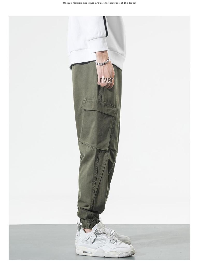 Lingrui Japanese Men's Loose Fit Trendy Wide-Leg Elastic Waist Multi-Pocket Overalls