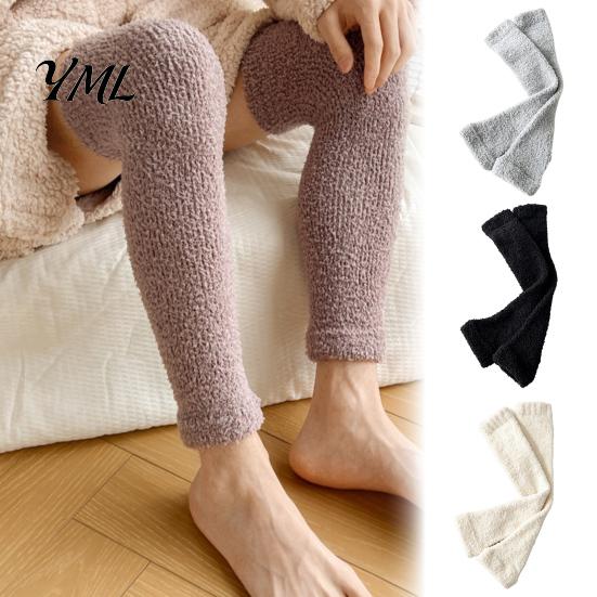 Elastic Thermal Leggings for Home Coral Fleece Leg Warmers Women, Thickened Winter Knee High Indoor Cold Weather Socks, Striped/Solid Color,