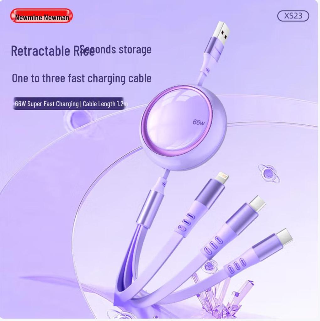Newman XS23 3-in-1 Retractable 66W Fast Charging Data Cable for Apple, Huawei, and Xiaomi - Customizable with LOGO
