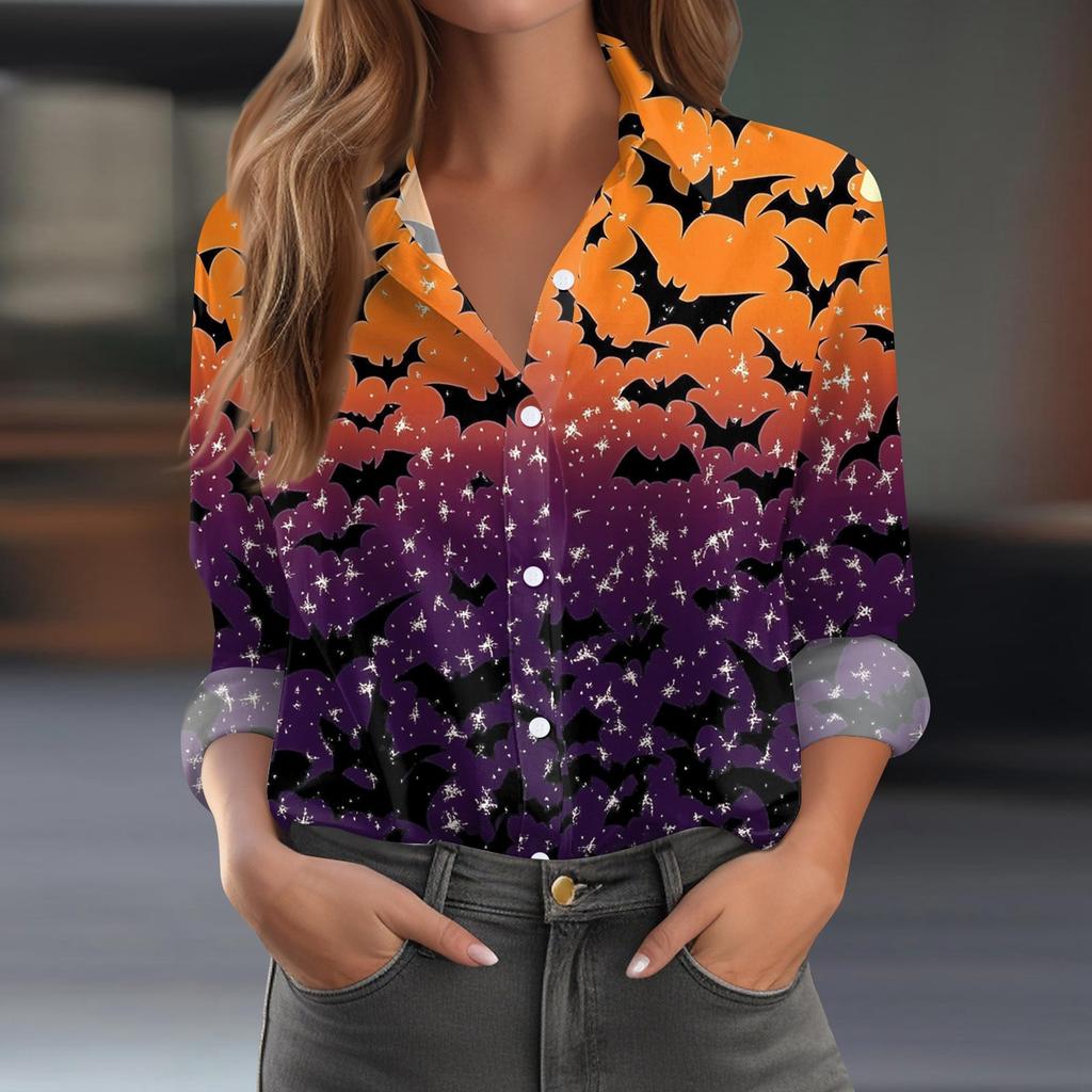 Damen Hemd Bluse Halloween Print Knopf Langarm Lässig Basic Hemdkragen Regulär Top