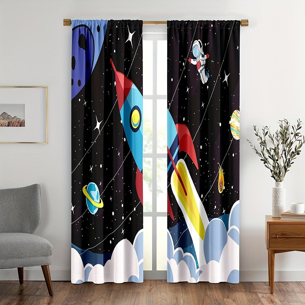 2PCS Galaxy Rocket Curtains Cartoon Astronaut Planet StarryBoys Girls Rod Pocket Bedroom Window Drapes.
