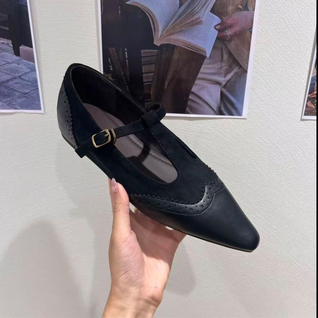 2025 høst og vinter nye franske retro spiss tå lav utringning enkeltsko damesko lav hæl T-spenne rem Mary Jane sko damesko