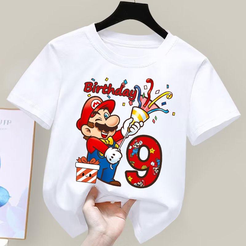 Super Marioes Bros Nummern 1-10 Bedruckte T-Shirts Anime Cartoon Süßes Kurzarm-Oberteil Jungen Mädchen Sommer Baumwolle Rundhals T-Shirt