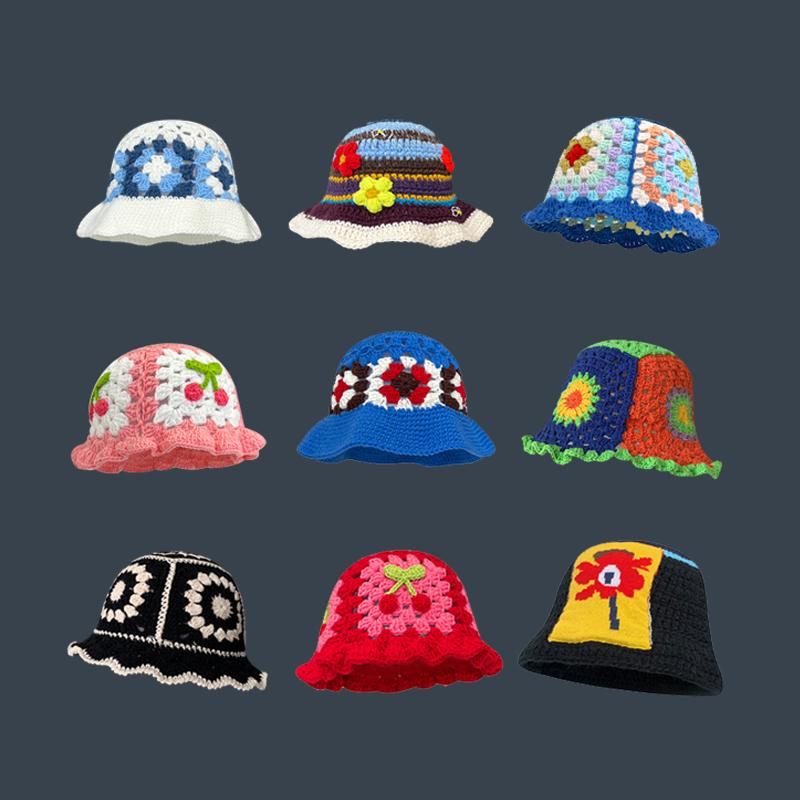 2023 Blumen Häkel Eimerhut Damen Frühling Sommer Handgestrickte Mützen INS Koreanisch Niedliche Mützen Panama Hut