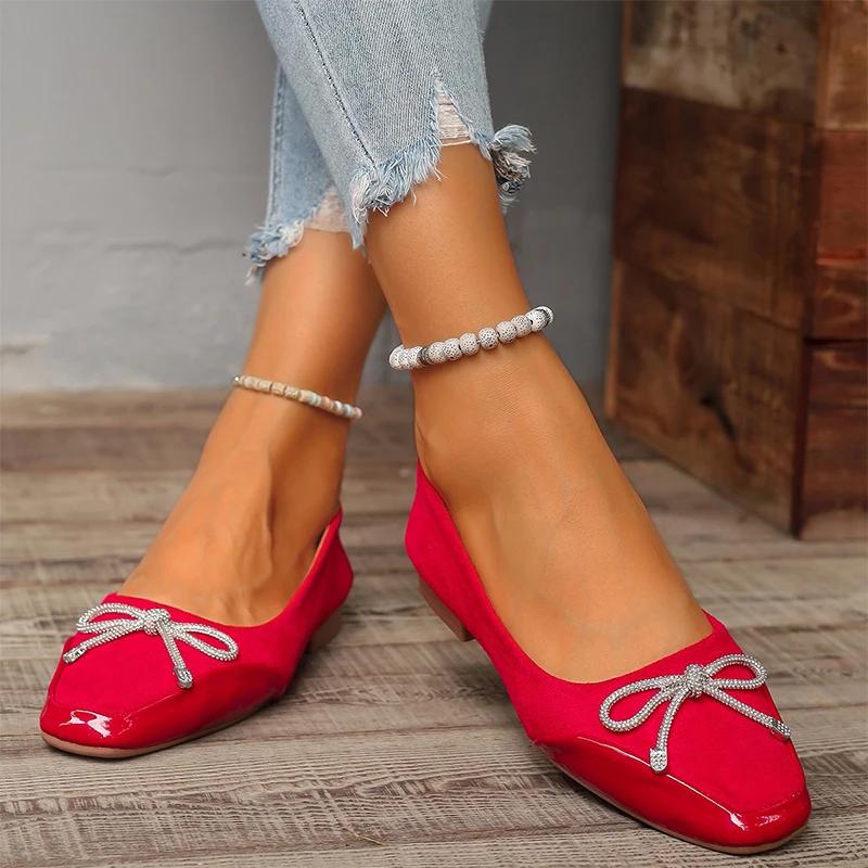 Fashion Women Bow Crystal Shallow Flats Shoes Autumn Designer Square Toe Shoes 2024 New Walking Casual Shoes Cozy Dress Chaussures Femme