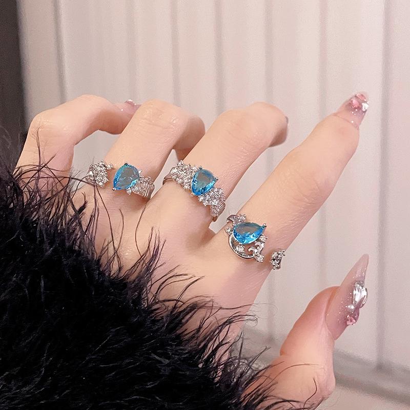 Fairy Wind Aquamarine Niche Design Sense Open Ring Light Luxury Premium Water Drop Full Diamond Index Finger Ring Stacked Wear Ring