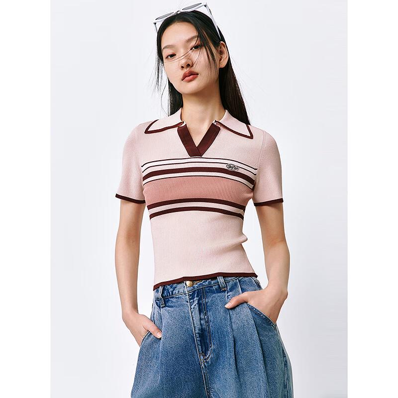 Peacebird Women's Color Block Stripe Knit Polo Top