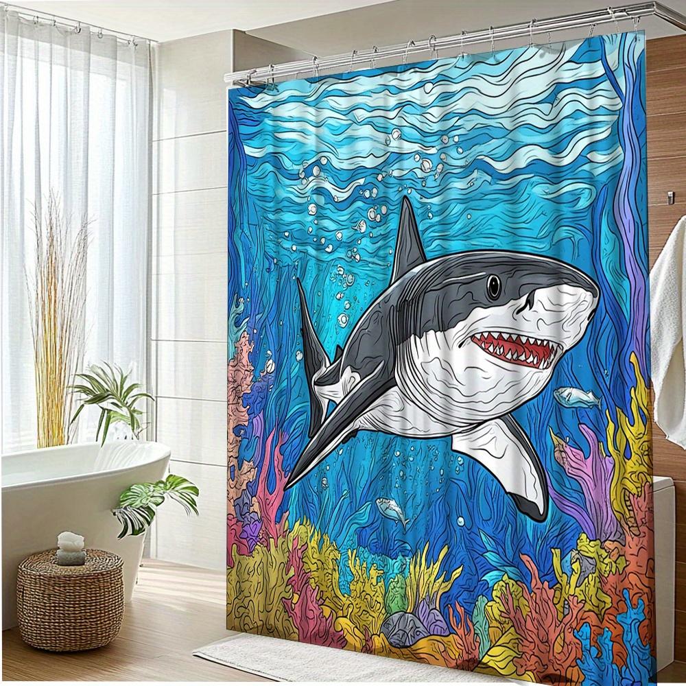 1Pc Shark Pattern Shower Curtain - Vibrant Underwater Marine Life Design With Coral Reefs & Fish, Durable Polyester Fabric,