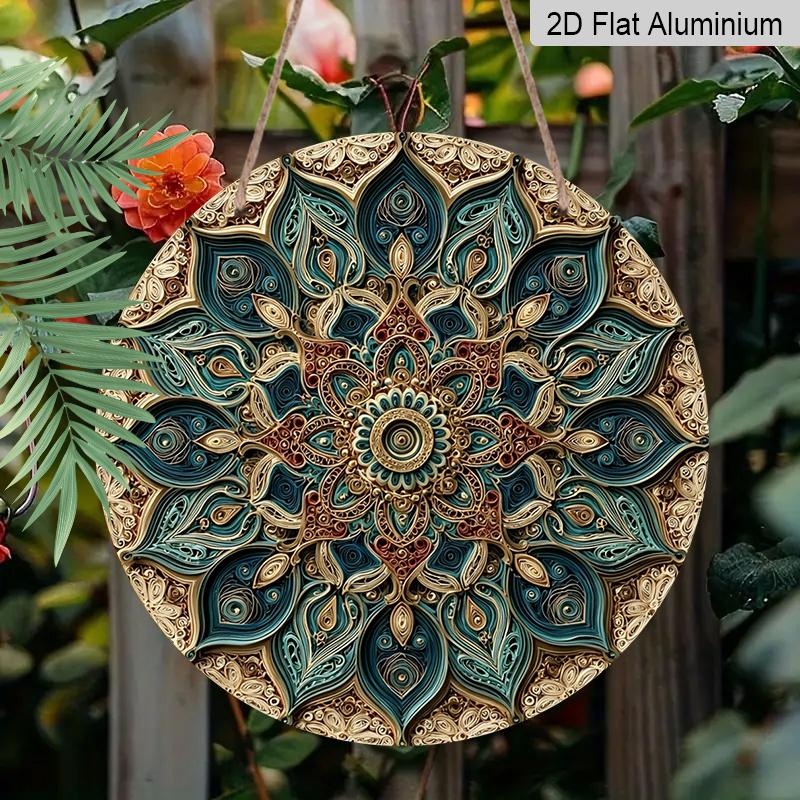 2D Flach, 1 Stück Runde Aluminium-Mandala-Dekorplatte, Aufwendige Ranken-Blumen-Ethnische Mandala-Kunst, Türkranz-Mittelstück, Ideal für Weihnachten, Diwali