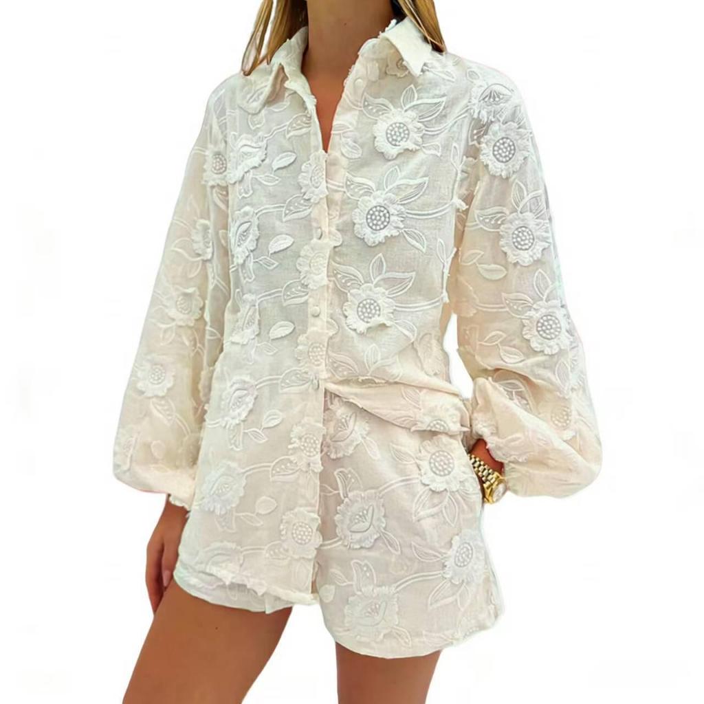 European & American Sexy Cotton Embroidered Set: Spring/Autumn See-Through Shirt & High-Waisted Shorts 2025