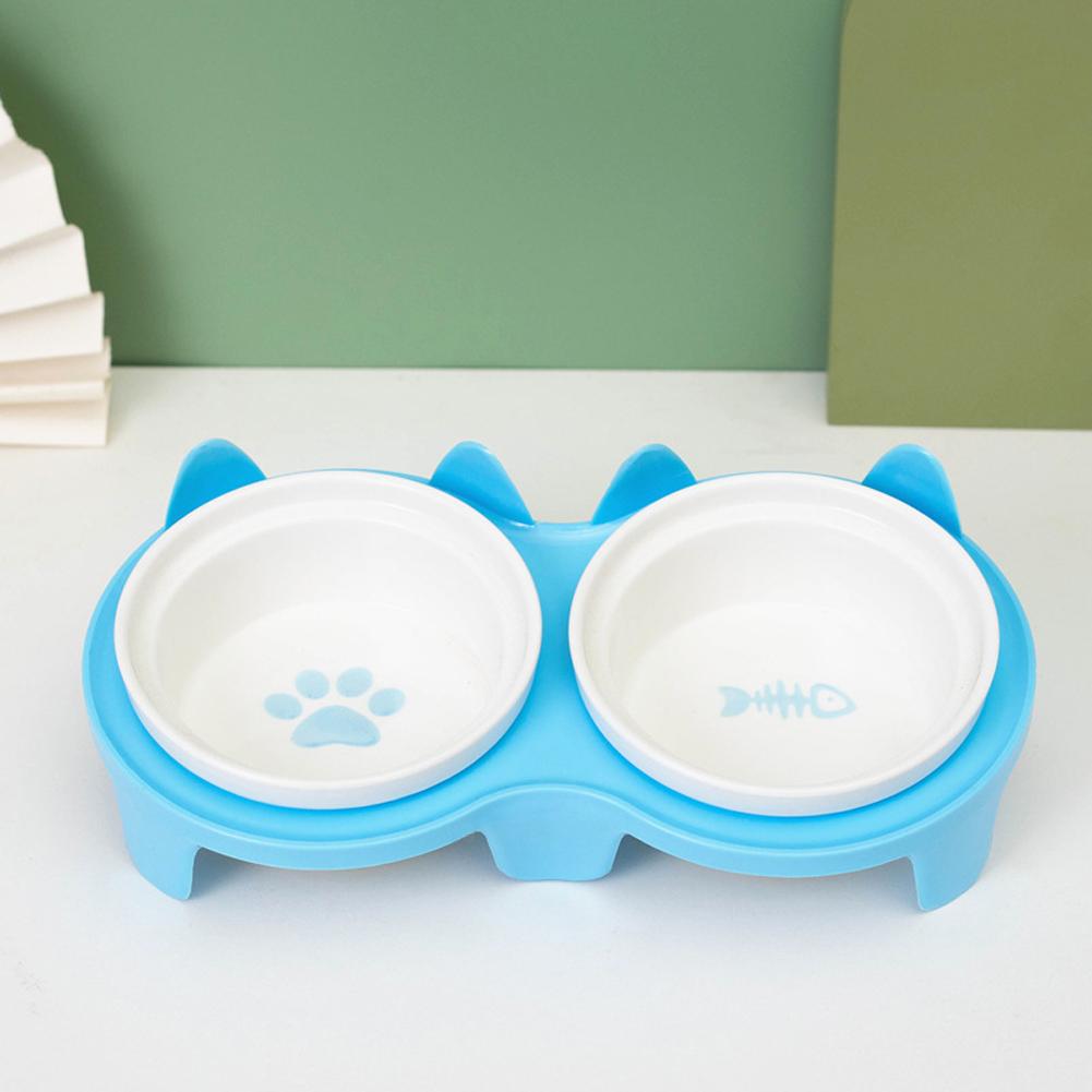 Cat Ceramic Double Bowls 300ml Large Capacity Non-slip Food Dishes With Plastic Rack For Indoor Cats