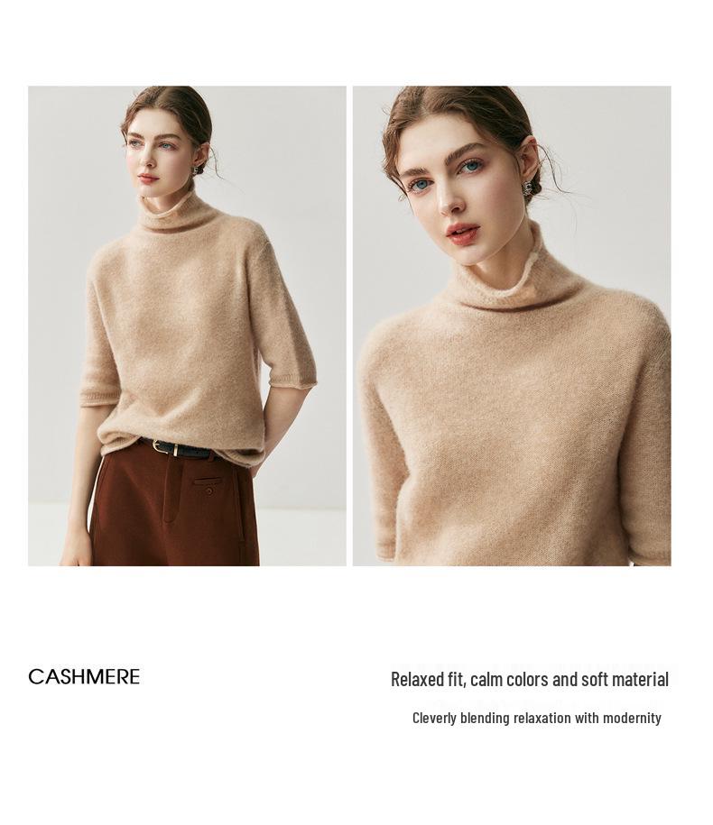 2025 Women's Autumn/Winter Herbalife Cashmere High-Neck Rolled Edge Half-Sleeve Sweater