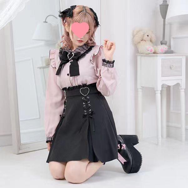 Japonská Lolita halenka s krajkovým lemem a mašlí - Dlouhý rukáv, Jaro/Podzim