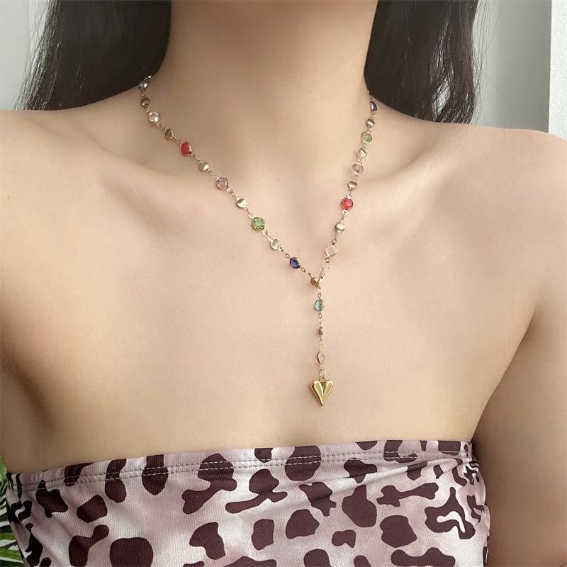 Trendy Gold Silver Color Glass Long Y-Shaped Heart Pendant Necklace Metal Clavicle Chain Bohemian Body Jewelry Party Gifts