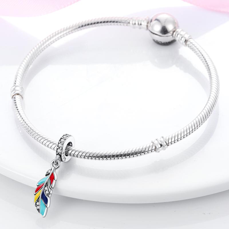 Authentic Charm Bead Charms copper Dreamy Sevencolor Feather Pendants Compatible With Charm Bead Charms Plata Bracelets for Women Women Jewellery Mak