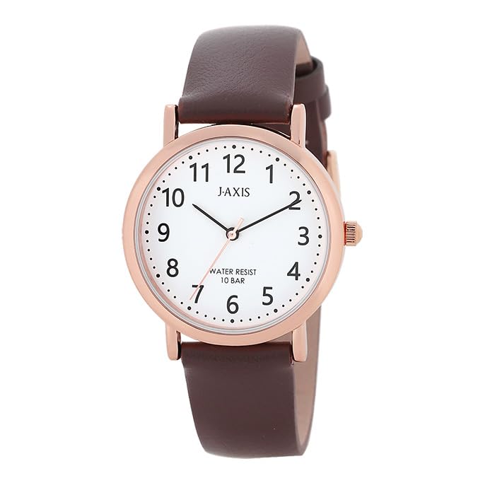 Pink Gold Brown 10 ATM Water Round Case with Arabic Suitable for Job and Students J-AXIS Women's Watch, Resistant, Simple, Easy-to-Read Numerals,