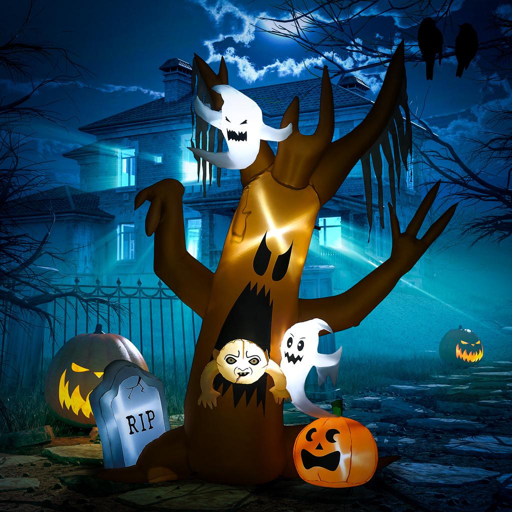 Halloween Decoration, 2.40m Tall Ghost Tree, Self-inflating, LED Lighting, for Outdoor Use
