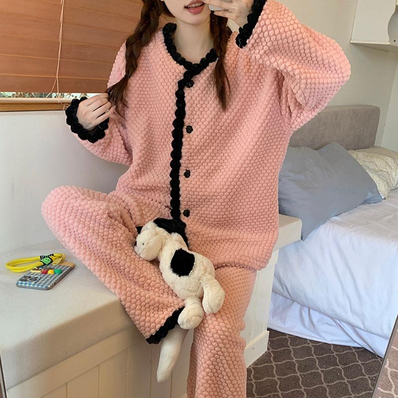 Ladies Pyjama Women Winter Flannel Pajama Set Fleece Pajamas Sleepwear Thick Warm Velvet Female Homewear Suit Cute Sweet Pijama