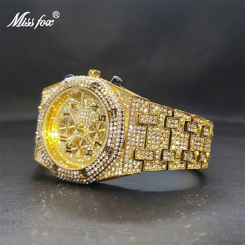 MISSFOX Mens Quartz Watch Hip Hop Bling 3-Eye Chronograph Sport Wristwatch