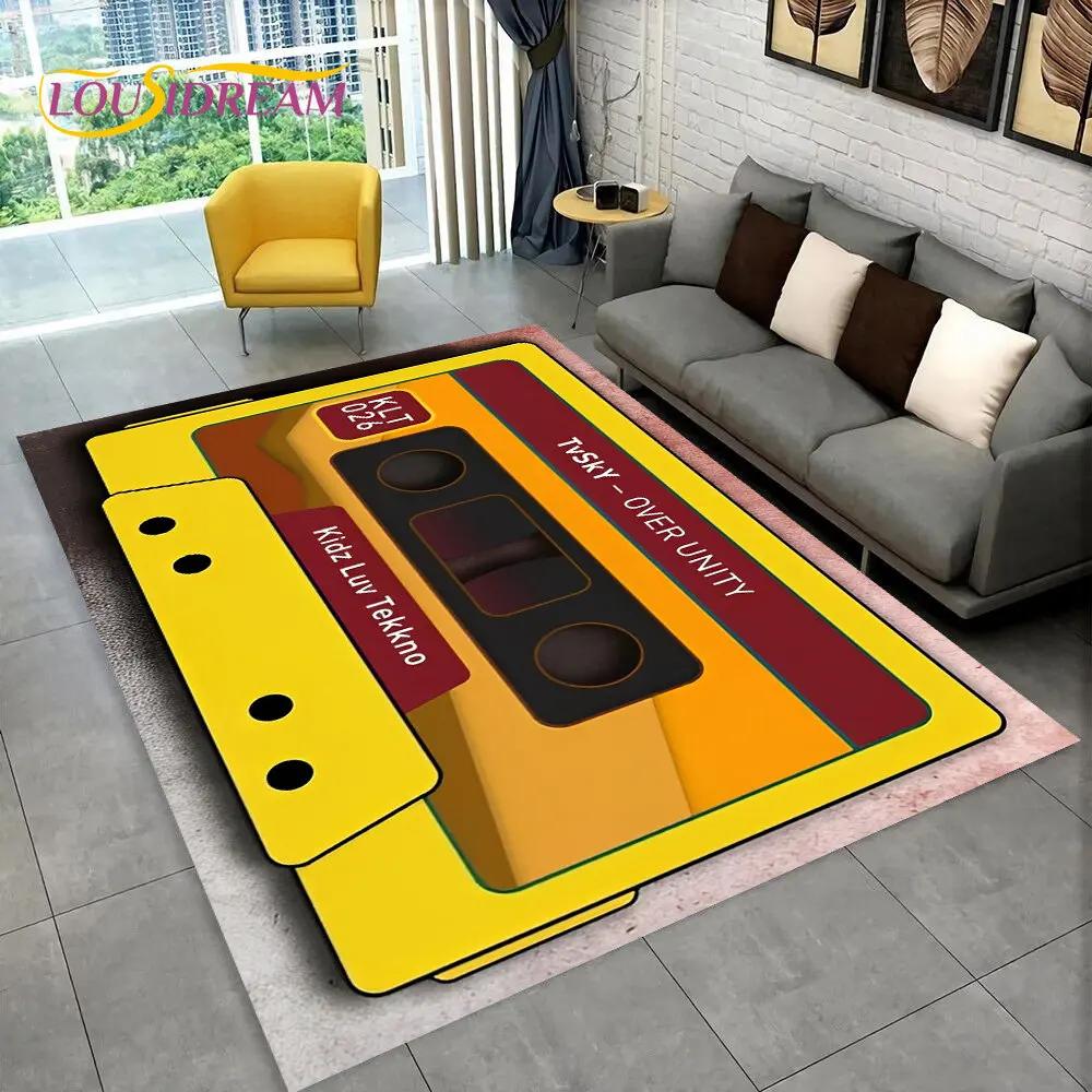 Alfombra de Área Grande con Patrón de Cinta de Cassette de Música Retro, Alfombra para Sala de Estar, Dormitorio, Sofá, Felpudo Decorativo, Felpudo Antideslizante