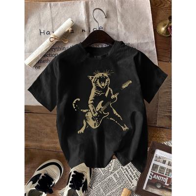 Europäische Größe Damen Mode Frühling Sommer Neuankunft Musikfestival Katze spielt Gitarre Lässige Party Schwarzes T-Shirt