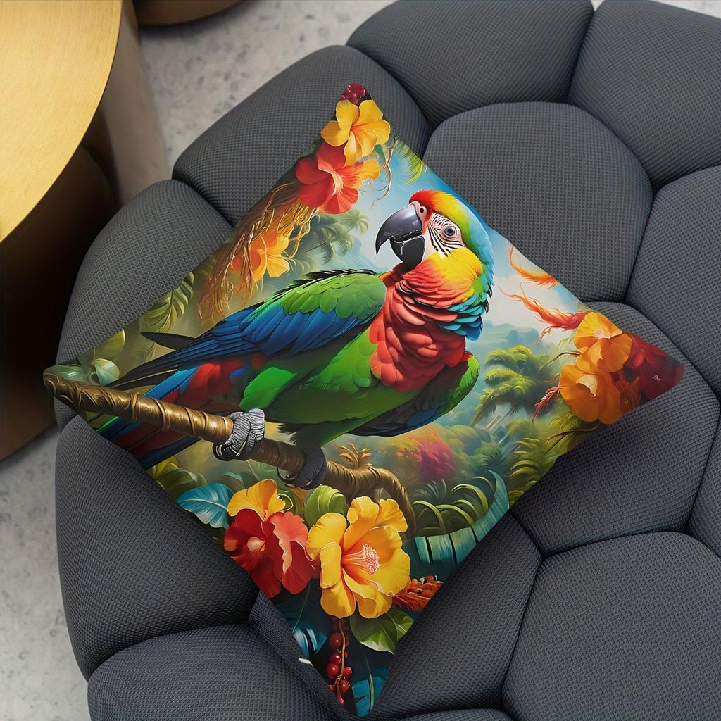 Vivid Parrot & Tropical Floral PillowcasesLiving Room Sofa Cushion Cover, Soft and Comfortable, Bedroom Room Decoration