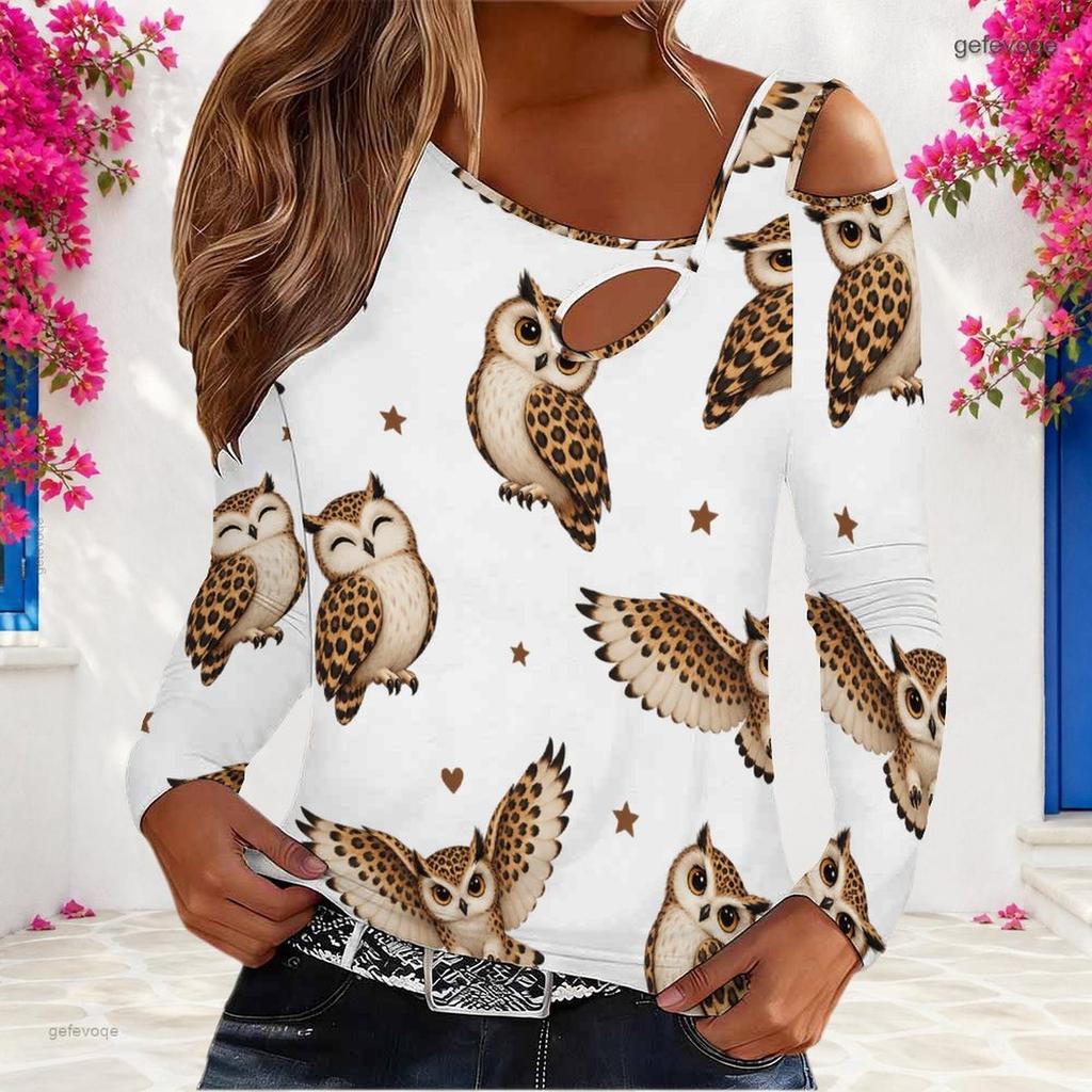 Women Plus Size Asymmetric Cutout Neck Cold Shoulder Long Sleeve White Leopard Belt Heart Star Printed Fitted Top