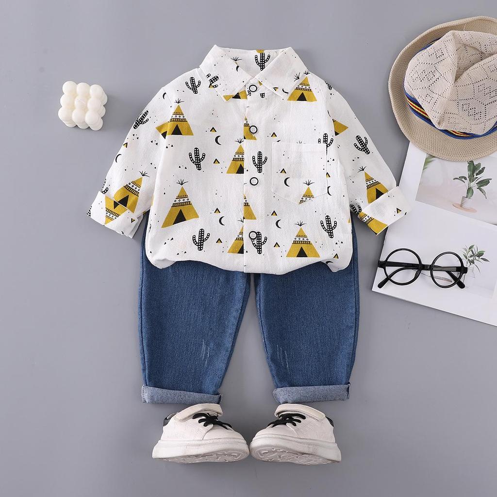 Boys' Cactus Print Long Sleeve Top & Casual Jeans Two-Piece Set