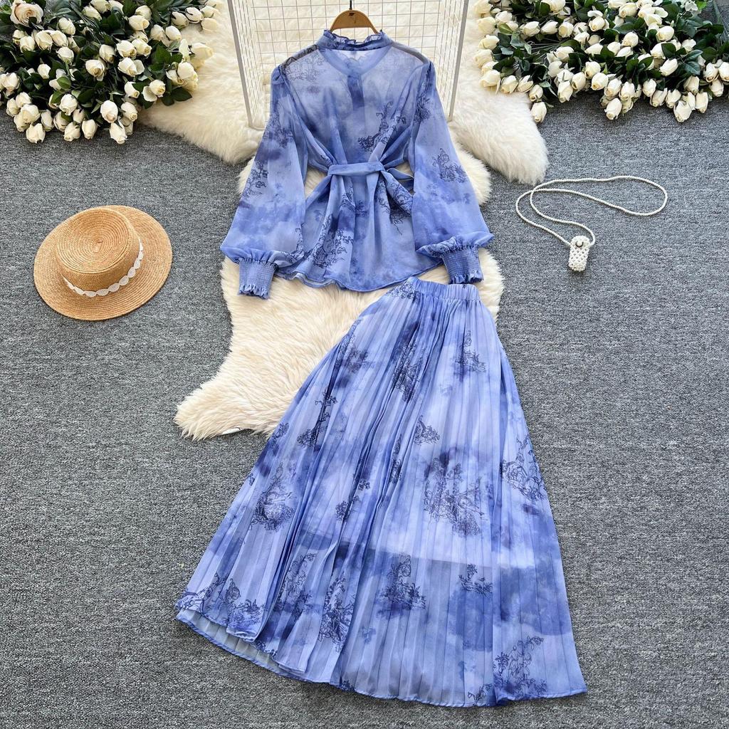 Women's French Style Tie-Waist Lantern Sleeve Chiffon Top & High-Waist Skirt Set
