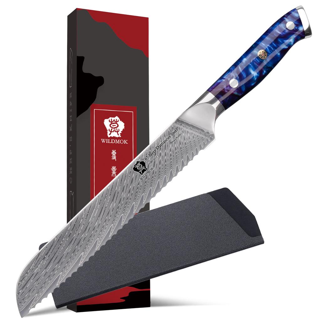 WILDMOK Damascus Serrated Steel Bread Knife, 8 Inches Serrated Bread Knife, Ergonomic Full Tang Resin Handle