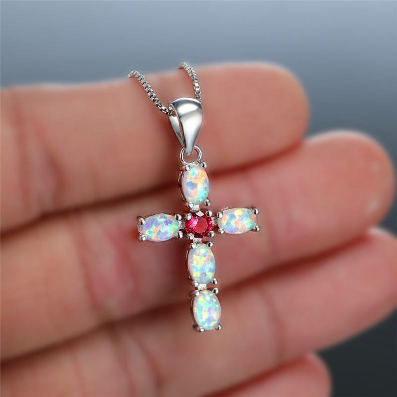 White Green Orange Opal Cross Pendant Birthstone Necklaces For Women Vintage Fashion 925 Silver Chain Red Blue Zircon Necklace