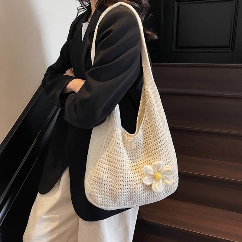 Floral Crochet Shoulder Bag Bohemian Knitted Hollow Out Tote Crochet Underarm Bag for Women Summer Beach CLE