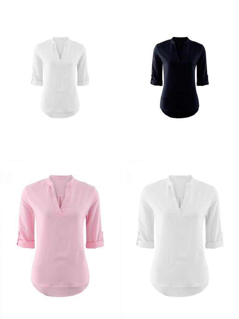 Polyester V Neck Button Front Womens Casual Shirt For Office And Spring Wear