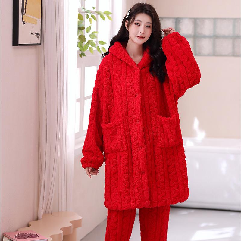 Coral Velvet Pajamas Women's New Winter Long Sleeve Thick Warm Jacquard Velvet Home Suit Can Be Worn Outside