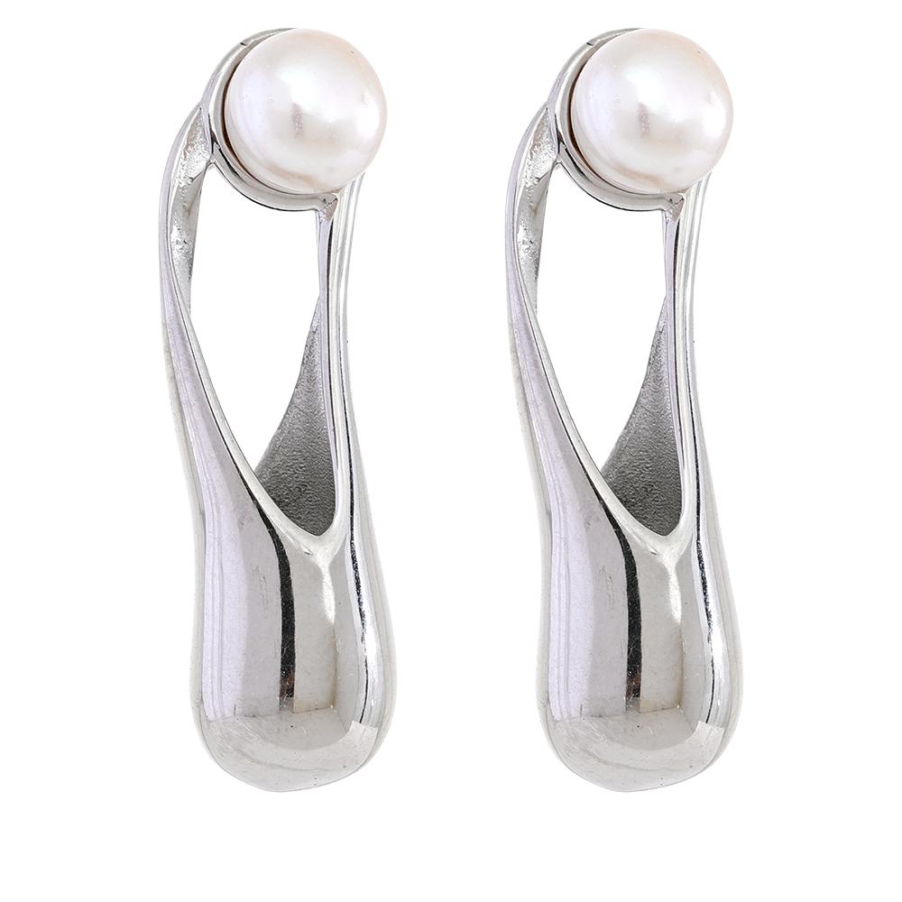 

Yhpup Natural Pearl Stainless Steel Cast Geometric Elegant Long Stud Earrings Fashion Metal Golden Jewelry Prevent Allergy Gift
