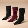 Black Wine Red Women Mid Calf Boots Pointed Toe Mid Heel Small Big Size 32 48