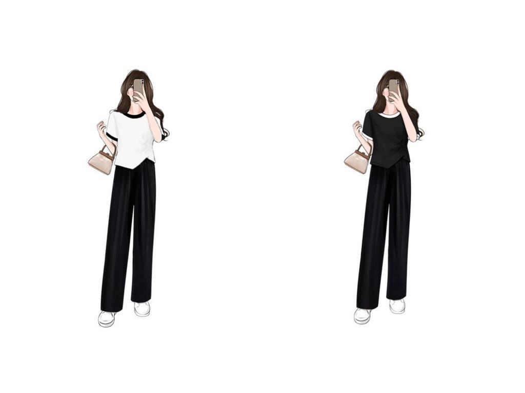 Set T-shirt a Blocchi di Colore Coreana e Pantaloni a Gamba Larga