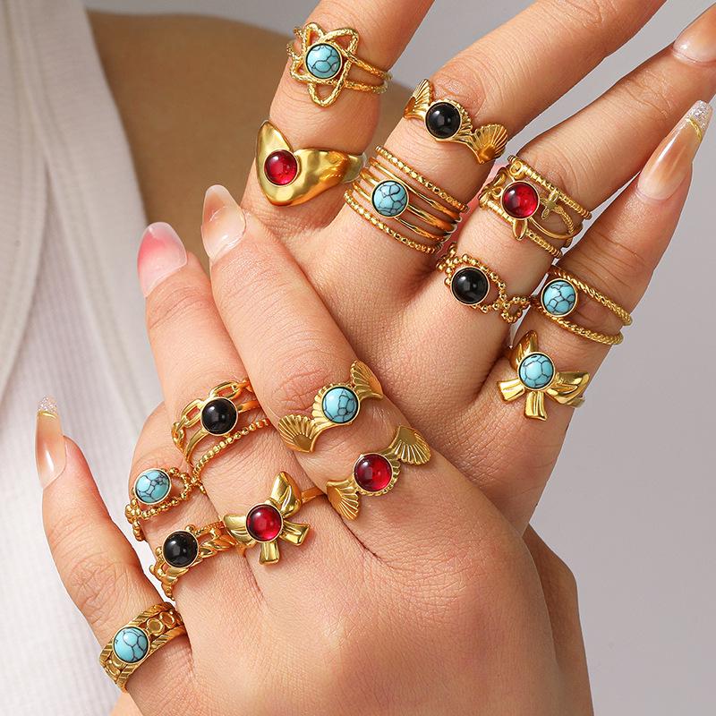 Boho Mehrfarbiger Türkis Edelstahl Offener Ring, Umweltfreundlich & Lichtecht, Schlichtes Titanstahl Design für Damen