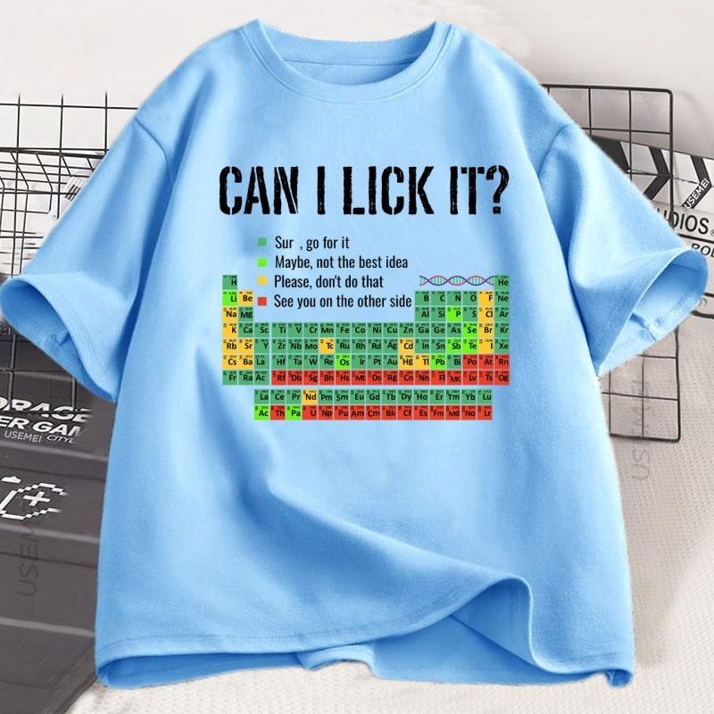 Can I Lick It Periodic Table T Shirt Men Women Periodic Table T-shirt Chemistry Teacher Tshirt Round Neck Short Sleeve