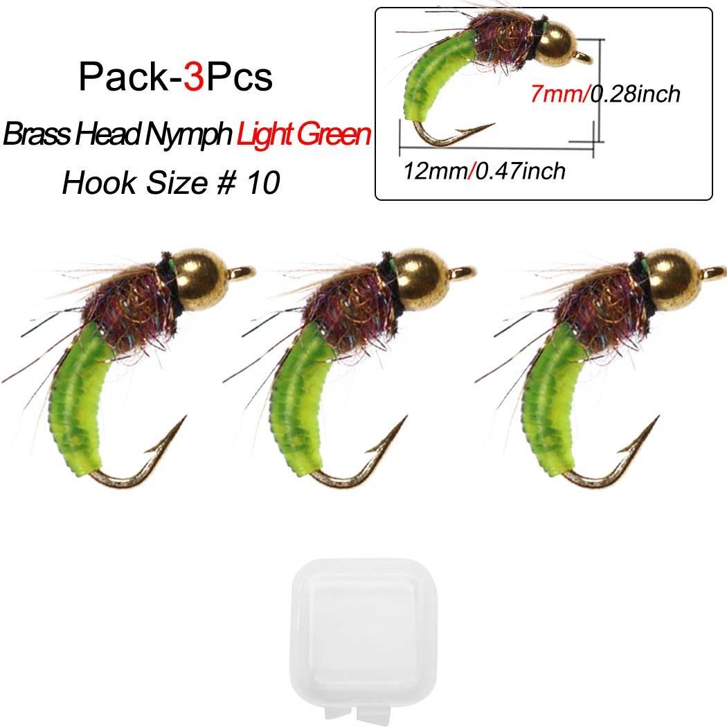 

3 шт./кор. латунная бусина с головой ручейника, нимфа, муха, жук, червь, быстро тонущая мокрая мушка для приманки для ловли форели Light green-3pcs