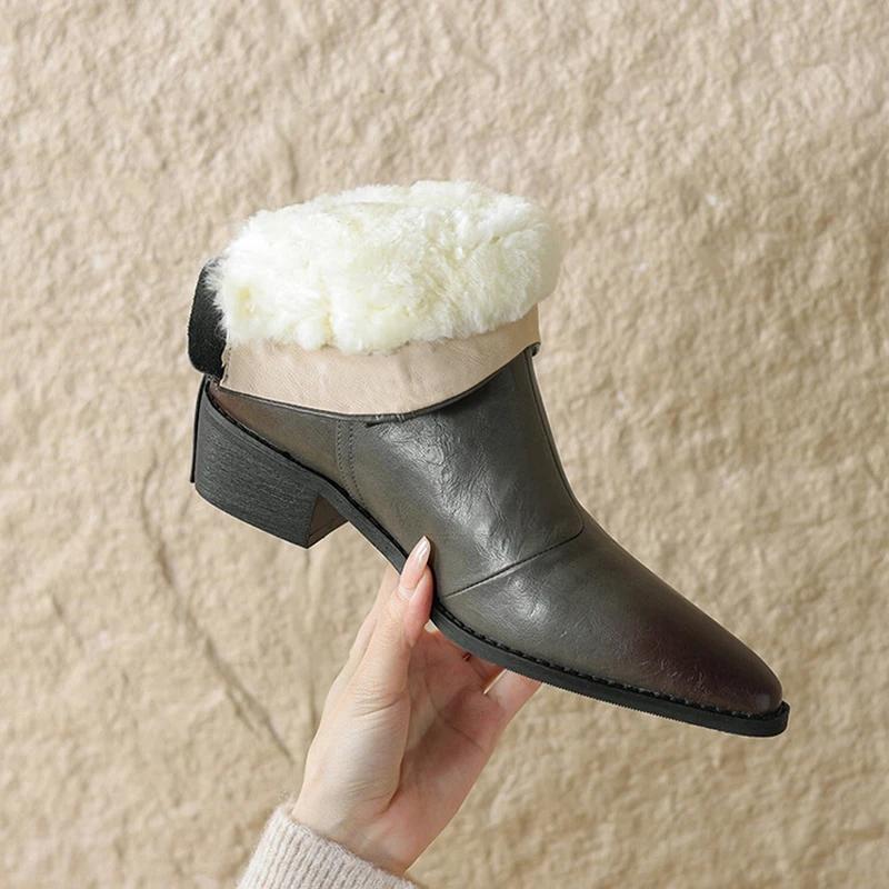 Fashion NEW Winter Women Boots Split Leather Shoes for Women Pointed Toe Chunky Heel Shoes Warm Wool Snow Boots Casual Zip Short Boots
