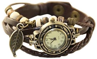 [Antique Style Leather Bracelet Watch with Leaf Charm] Genuine Leather Belt Quartz Watch (dark Brown)