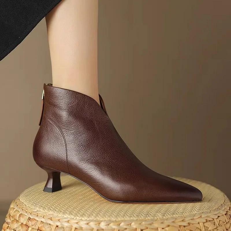 Fashion FHC New Autumn Women Ankle Boots,Fashion Soft Leather Shoes,Back Zip,Mid Heels Short Botas,Pointed Toe,Black,Brown,Dropship